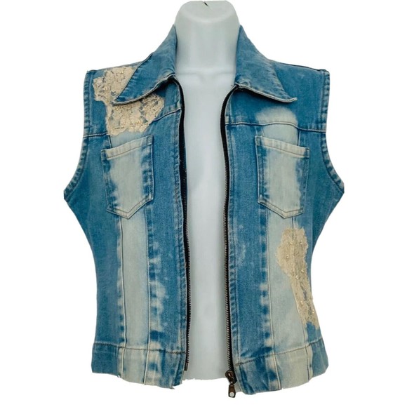 Les Rivales Lace Distressed Light Wash Denim Zip Up Jean Vest Size 40/US Size M - Picture 1 of 12